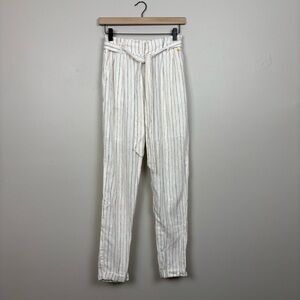 Love Tree Pants Womens Small Ivory Multi Pin Stripe Linen Blend Tie Front Beach